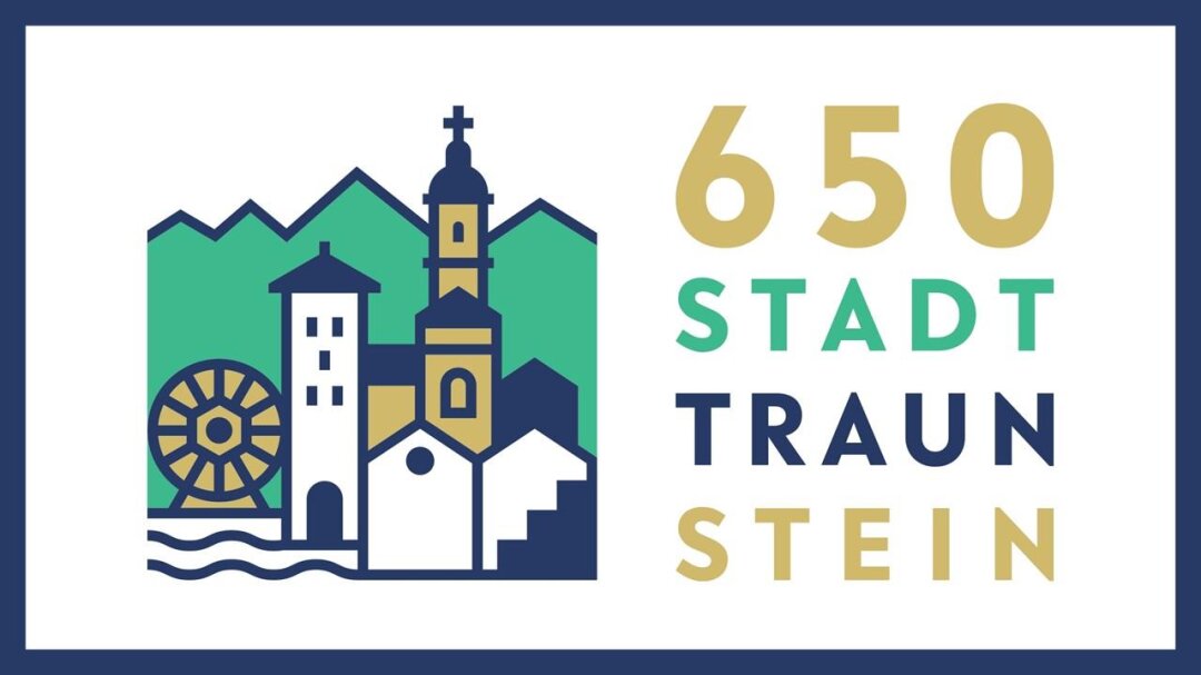 650 Jahre Stadt Traunstein Stilisierte Darstellung von Traunsteins Kirche, einer Treppe und dem Salinenpark in grün, weiß und braun